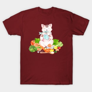 cat eating fish hand drawn T-Shirt